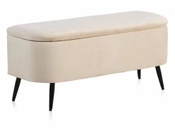 Banqueta-baul tapizada con tejido aterciopelado beig y patas metal < Sale
