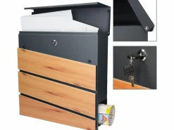 Buzón cartas periódico moderno acero antracita aspecto de madera con soporte < ML-DESIGN Outlet