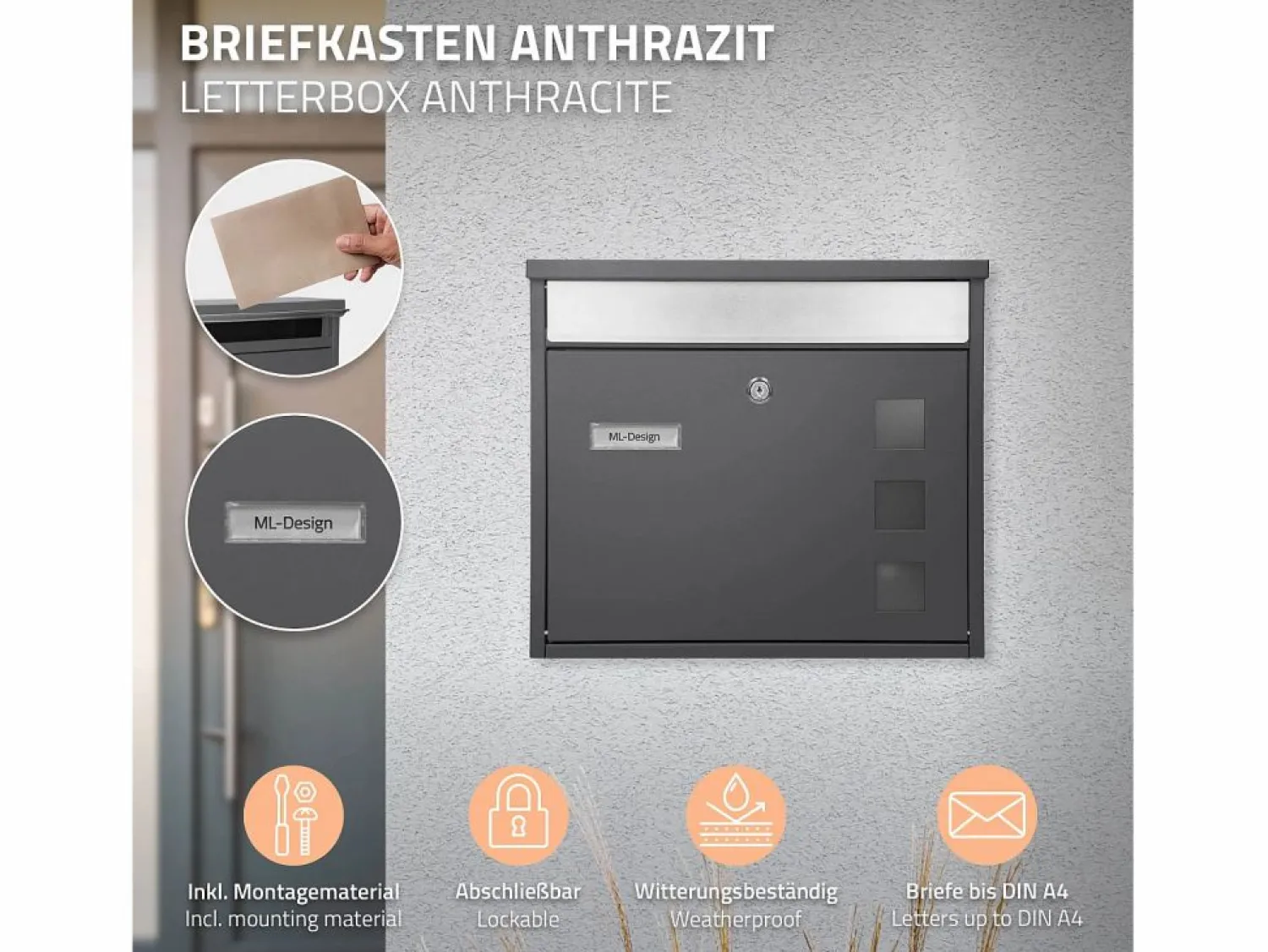 Buzón de acero inoxidable antracita moderno casillero de correo + soporte 120 cm < ML-DESIGN New