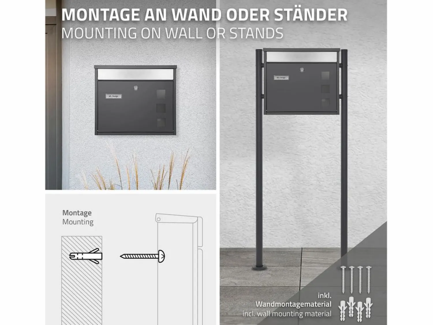 Buzón de acero inoxidable antracita moderno casillero de correo + soporte 120 cm < ML-DESIGN New