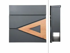 Buzón de pie con compartimento para periódicos antracita con triángulo de madera < ML-DESIGN Discount