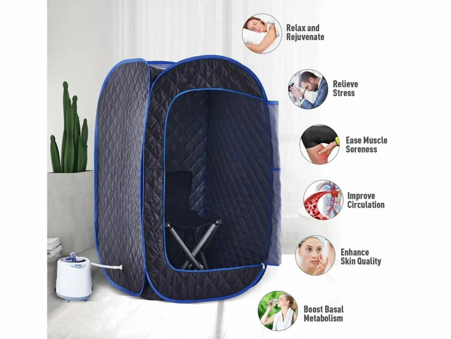 DripeX Sauna De Exterior * Cabina de sauna de vapor, sauna plegable de 1000W, con control remoto y instrumento de fumigación y silla plegable, carpa de spa, 80x80x135cm Negro