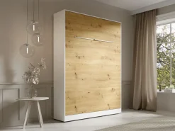 Cama abatible de 140 x 200 cm apertura vertical leds blanco y natural + colchón - RAPILI < Vente-unique
