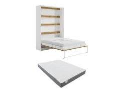 Cama abatible de 140 x 200 cm apertura vertical leds blanco y natural + colchón - RAPILI < Vente-unique