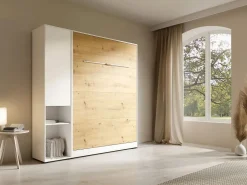 Cama abatible vertical 140 x 200 cm blanco y natural 1 armario - RAPILI < Vente-unique Online