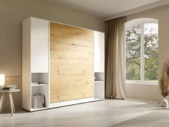 Cama abatible vertical 140 x 200 cm blanco y natural 2 armarios - RAPILI < Vente-unique