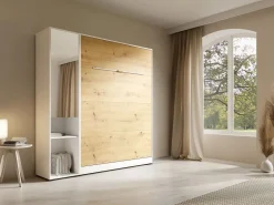 Cama abatible vertical 140 x 200 cm blanco y natural 1 armario con espejo - RAPILI < Vente-unique Outlet