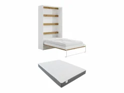 Cama abatible 120 x 200 cm apertura vertical leds blanco y natural + colchón - RAPILI < Vente-unique New