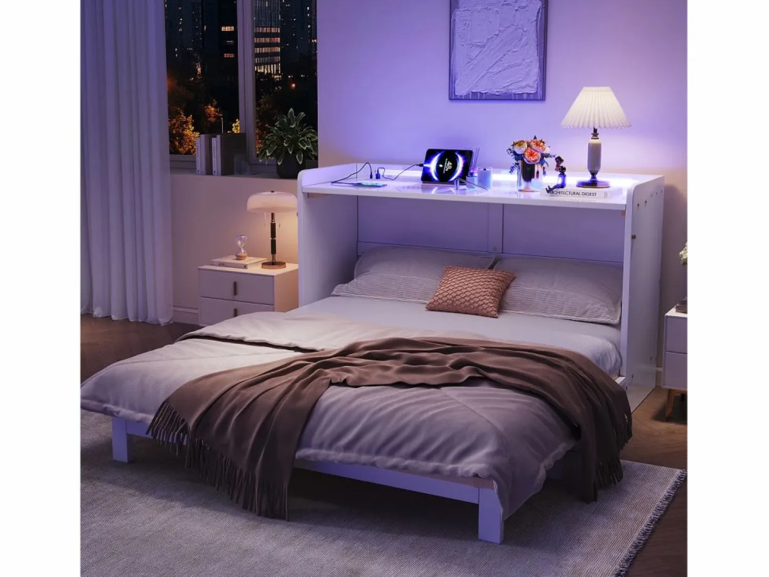 Cama abatible - 140 x 200 cm - con cajón + USB + LED - tablero lacado alto brillo - MDF + aglomerado - < Merax New