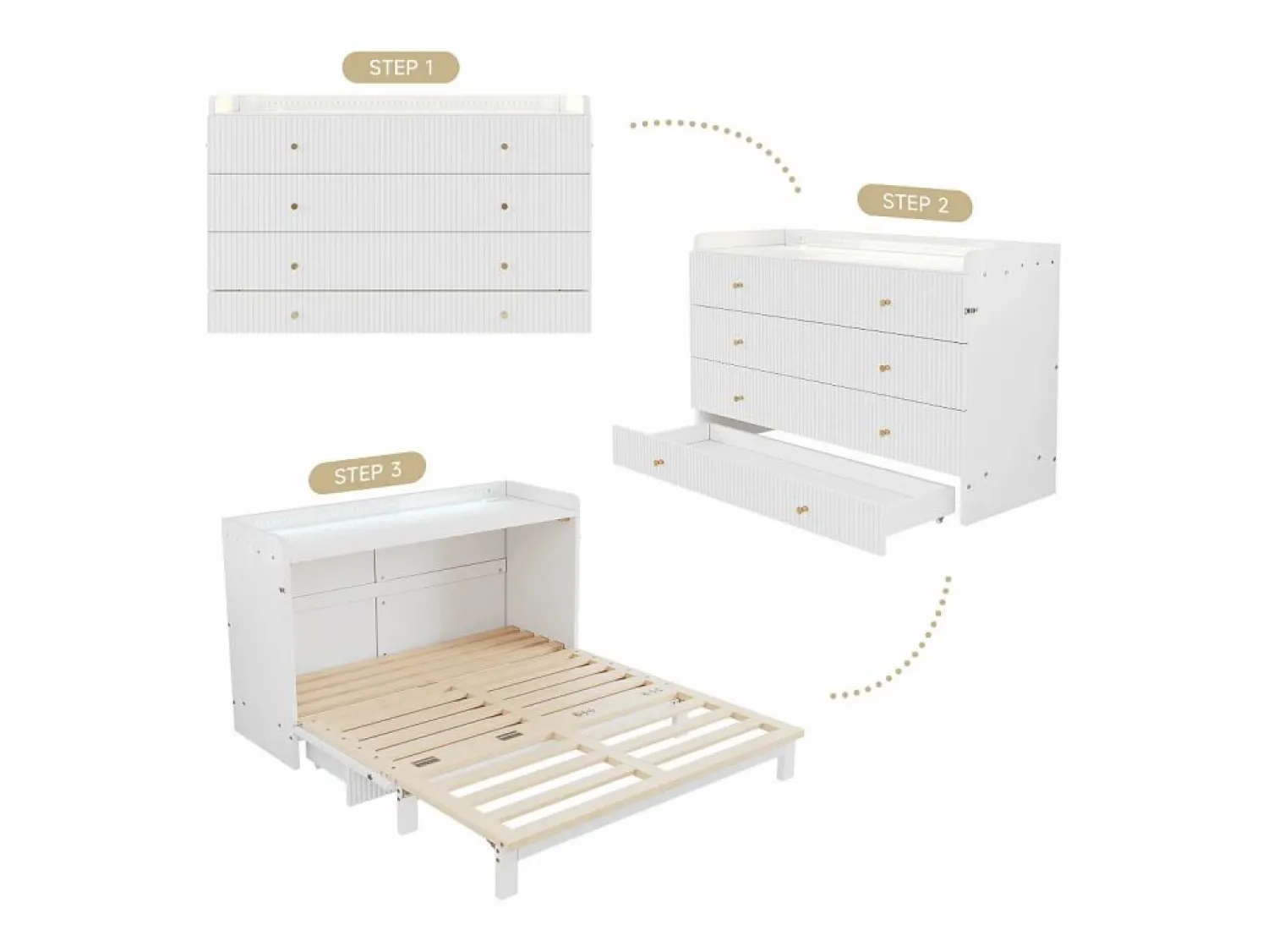 Cama abatible - 140 x 200 cm - con cajón + USB + LED - tablero lacado alto brillo - MDF + aglomerado - < Merax New