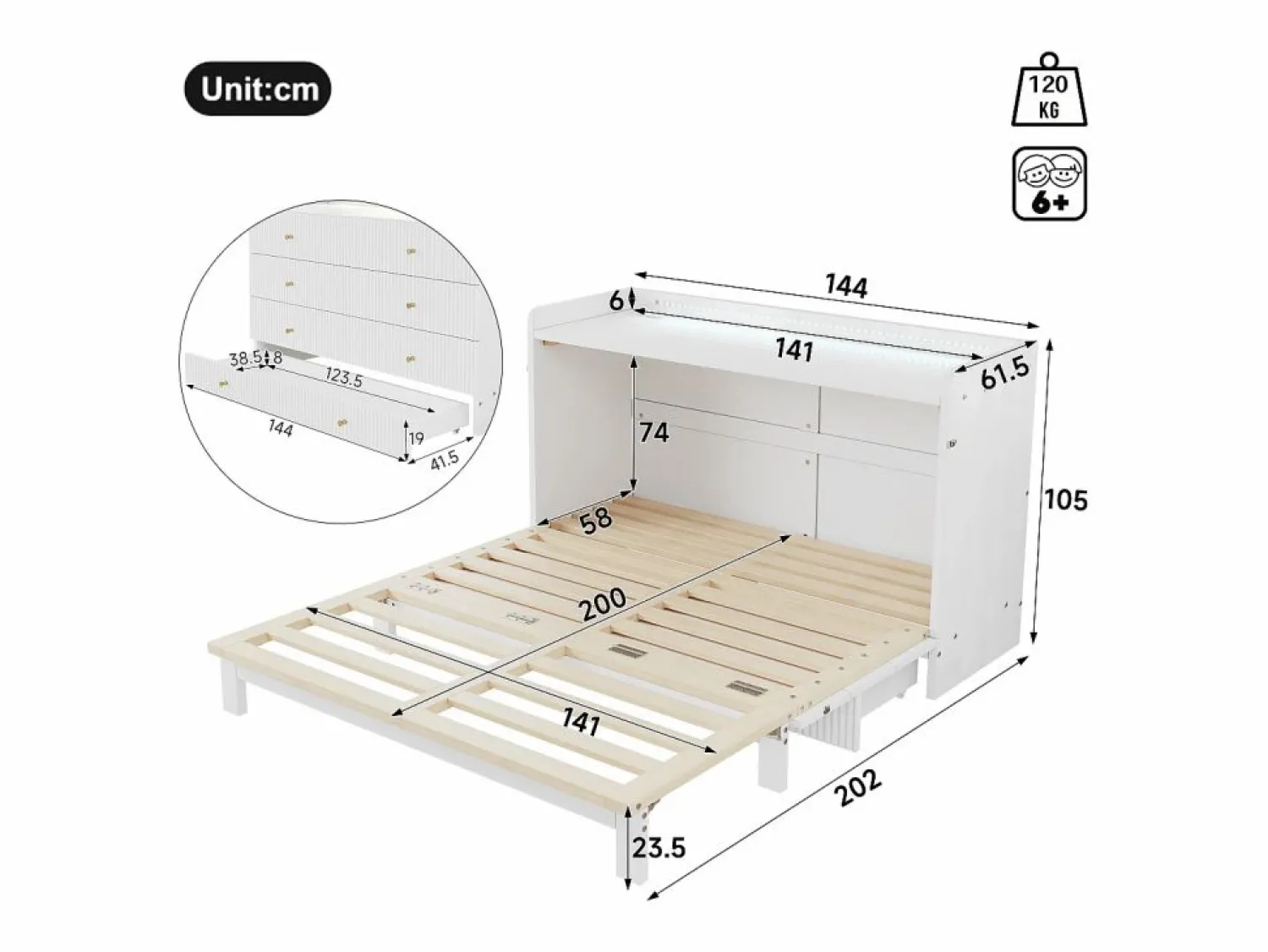Cama abatible - 140 x 200 cm - con cajón + USB + LED - tablero lacado alto brillo - MDF + aglomerado - < Merax New