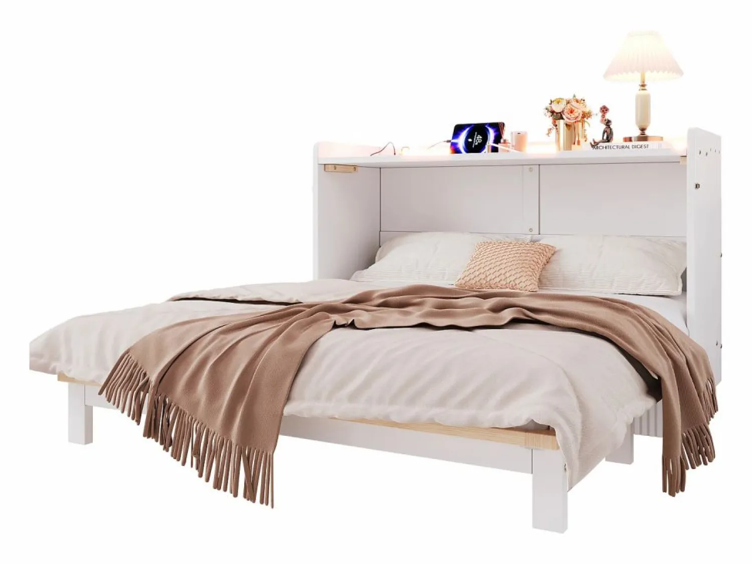 Cama abatible - 140 x 200 cm - con cajón + USB + LED - tablero lacado alto brillo - MDF + aglomerado - < Merax New