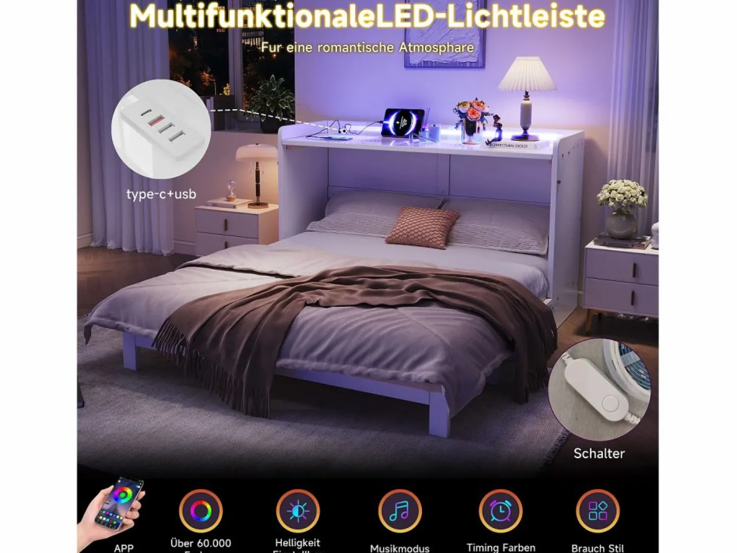 Cama abatible - 140 x 200 cm - con cajón + USB + LED - tablero lacado alto brillo - MDF + aglomerado - < Merax New