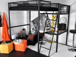 Cama alta CASUALII para 2 personas con escritorio, color negro y colchón < Vente-unique New