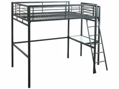 Cama alta CASUALII para 2 personas con escritorio, color negro y colchón < Vente-unique New