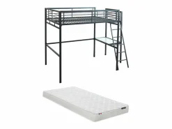Cama alta CASUALII para 2 personas con escritorio, color negro y colchón < Vente-unique New