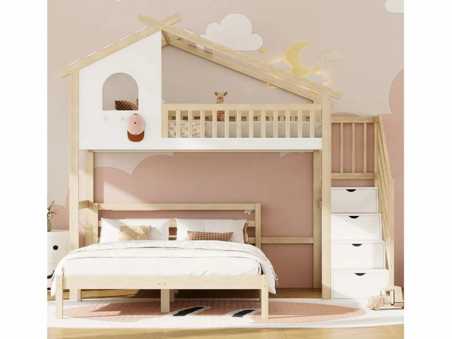 Cama Litera | Cama alta infantil 90x200 cm, cama inferior 140x200 cm, + natural