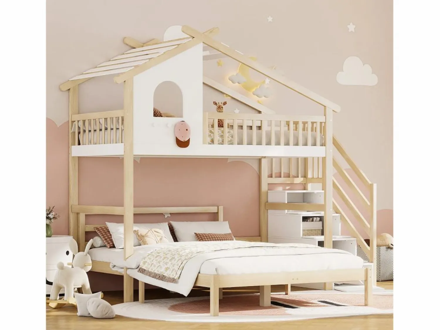 Cama Litera | Cama alta infantil 90x200 cm, cama inferior 140x200 cm, + natural