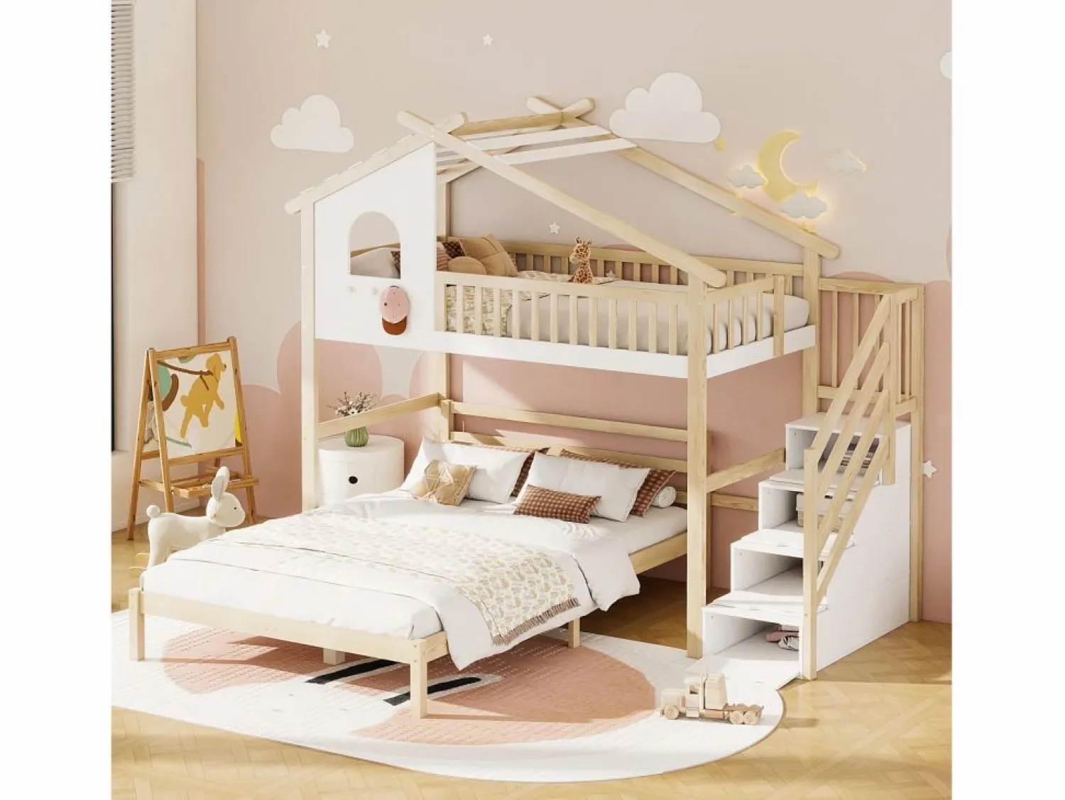 Cama Litera | Cama alta infantil 90x200 cm, cama inferior 140x200 cm, + natural