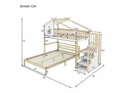 Cama Litera | Cama alta infantil 90x200 cm, cama inferior 140x200 cm, + natural