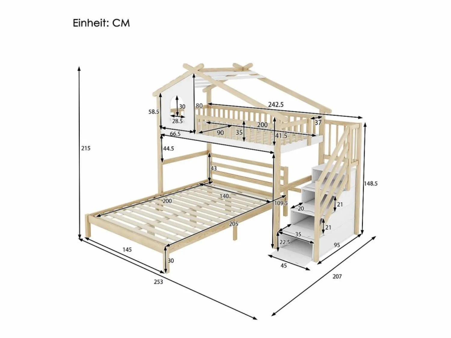 Cama Litera | Cama alta infantil 90x200 cm, cama inferior 140x200 cm, + natural