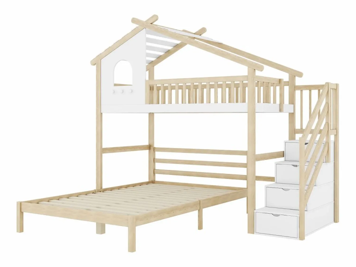 Cama Litera | Cama alta infantil 90x200 cm, cama inferior 140x200 cm, + natural