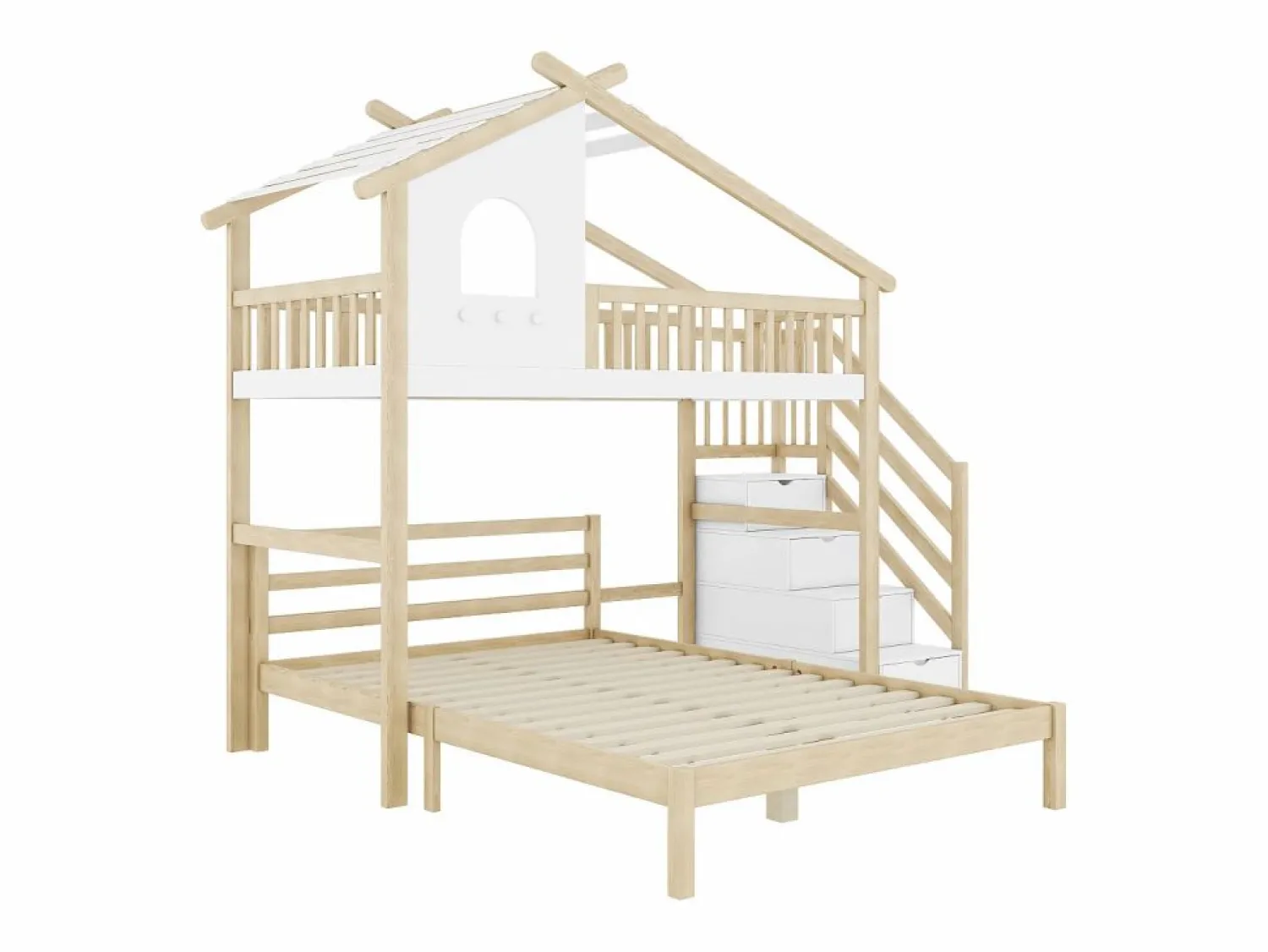 Cama Litera | Cama alta infantil 90x200 cm, cama inferior 140x200 cm, + natural