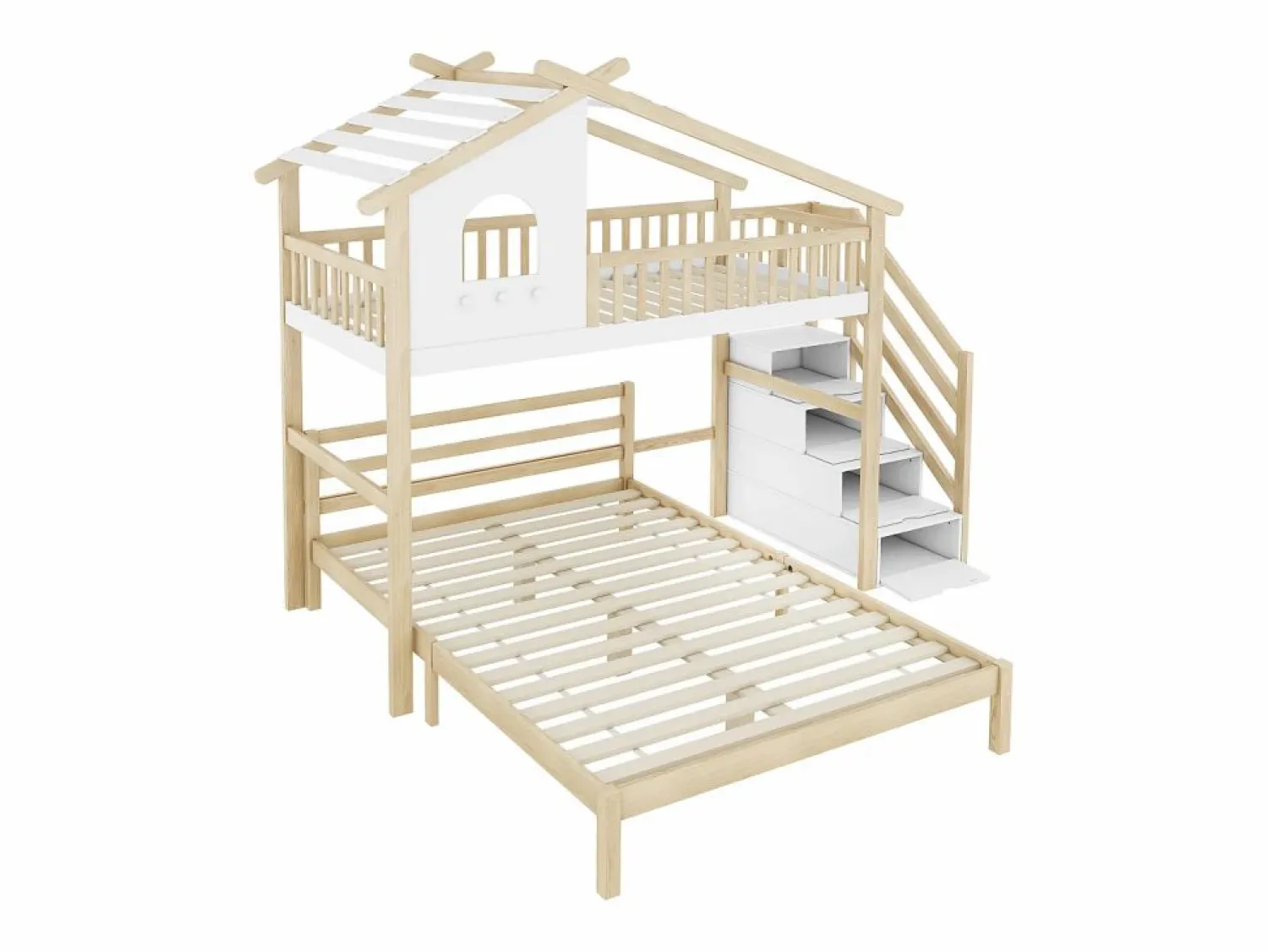 Cama Litera | Cama alta infantil 90x200 cm, cama inferior 140x200 cm, + natural