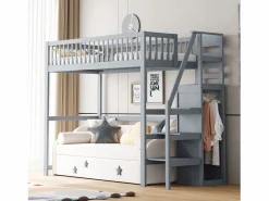 Cama alta 90 x 200 cm con armario y escalera - Madera maciza + contrachapado + MDF - (Sin colchón) < Merax