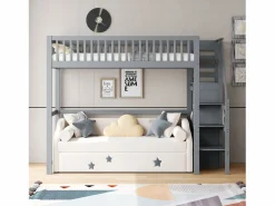 Cama alta 90 x 200 cm con armario y escalera - Madera maciza + contrachapado + MDF - (Sin colchón) < Merax