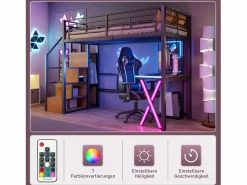Cama alta 90 x 200 cm con escritorio, armario, estanterías - Iluminación ambiental - Metal - (sin colchón) < Merax Clearance