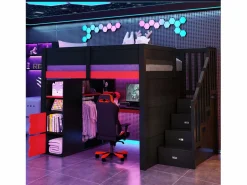 Cama altillo de madera 140x200cm con LED y puerto USB - Escritorio y armario - Escalera de almacenamiento - Negro + Rojo​ (sin colchón) < ModernLuxe Sale