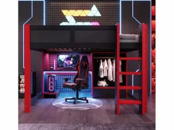 Cama altillo 140x200cm - con iluminación LED - con escritorio - con escalera y armario - con 1 cajón - negro + rojo (colchón no incluido) < ModernLuxe Sale