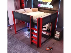 Cama altillo 140x200cm - con iluminación LED - con escritorio - con escalera y armario - con 1 cajón - negro + rojo​ (colchón no incluido) < ModernLuxe Sale