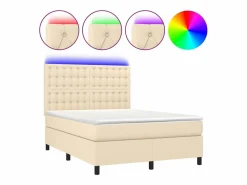 Cama box spring colchón y luces LED tela crema 140x190 cm < Clicnbuy New