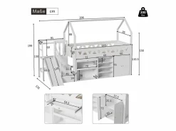 Cama cabaña 90x200 cm - Cajón y casillero - Con tobogán y escaleras de puerta magnética - Madera maciza - < DripeX New