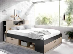 Cama con almacenaje 140 x 190 cm natural y antracita + somier + colchón - LEANDRE < Vente-unique Online