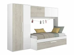 Cama con cajón nido 2 x 90 x 200 con armario blanco y natural - LUMOKA < Vente-unique Discount
