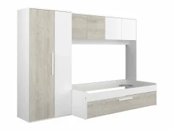Cama con cajón nido 2 x 90 x 200 con armario blanco y natural - LUMOKA < Vente-unique Discount