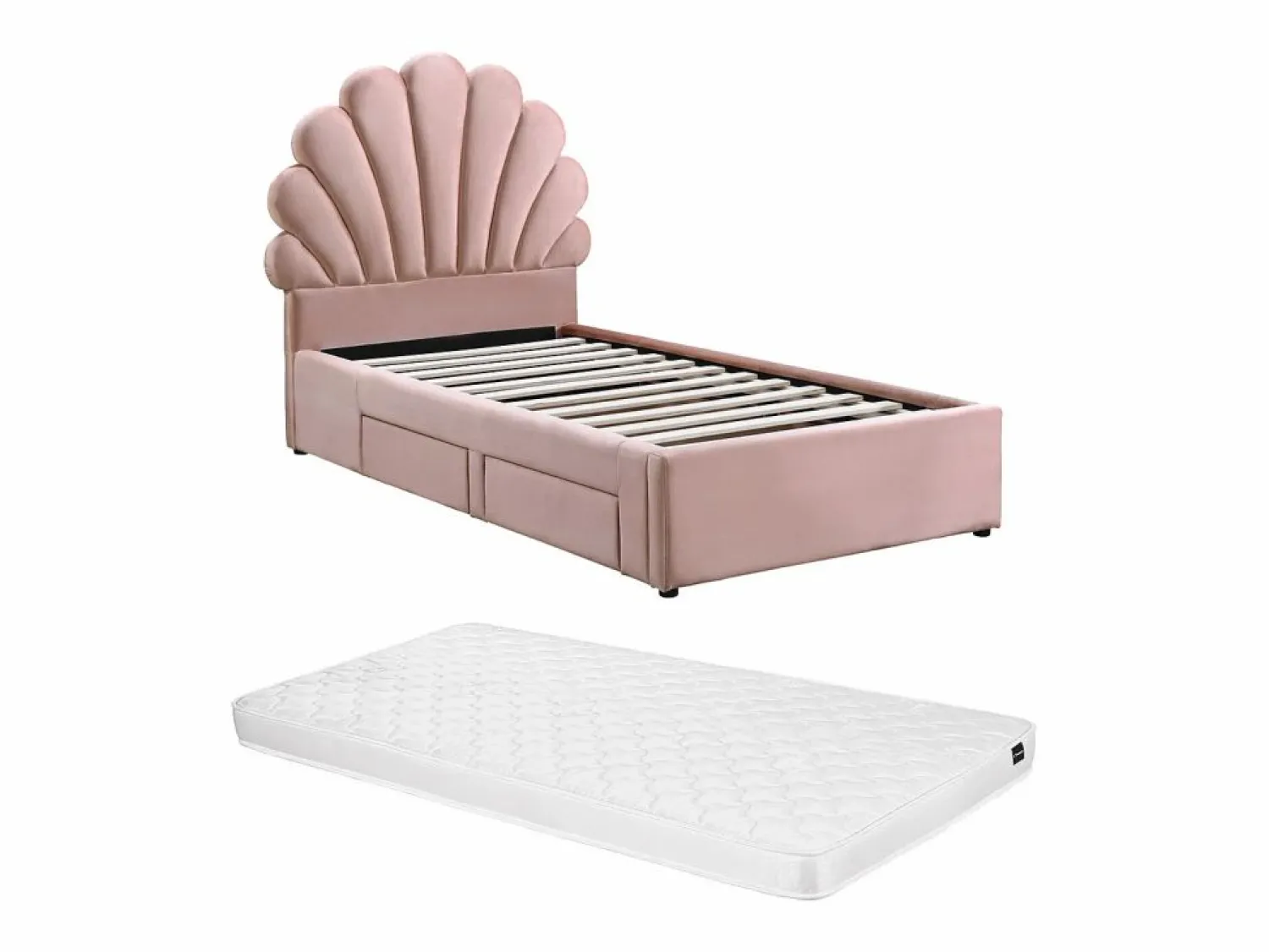 Vente-unique Cama Terciopelo|Cama Infantil * Cama concha 90 x 190 cm con 2 cajones de terciopelo + colchón - MOANA Rosa