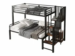 Cama Litera * Cama de hierro, litera esquinera para niños y adolescentes, con escalera y almacenaje. Material: hierro + MDF.Tamaños: 90x200cm y 120x200cm. Negro