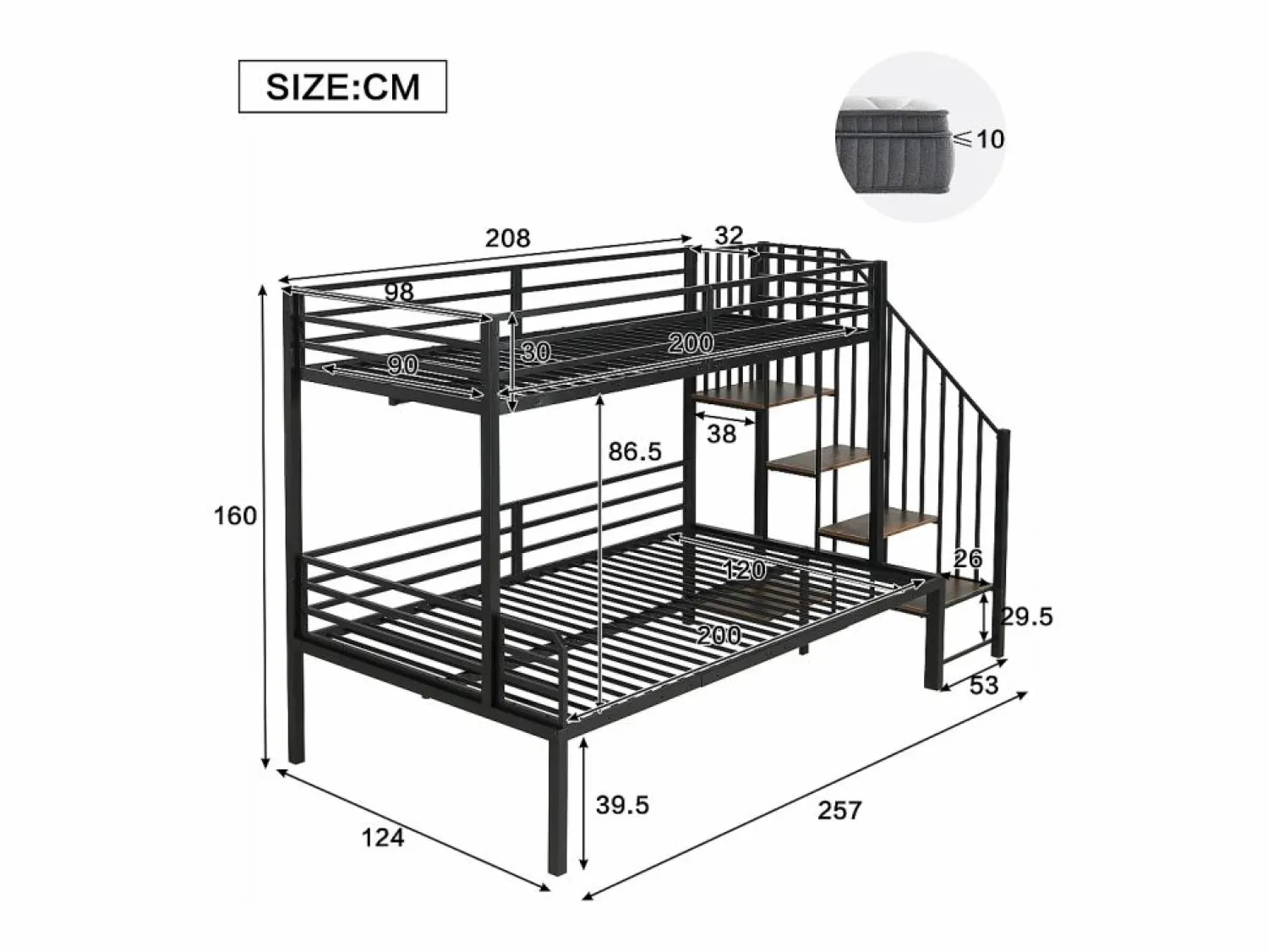 Cama Litera * Cama de hierro, litera esquinera para niños y adolescentes, con escalera y almacenaje. Material: hierro + MDF.Tamaños: 90x200cm y 120x200cm. Negro