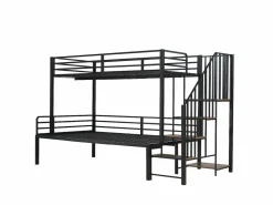 Cama Litera * Cama de hierro, litera esquinera para niños y adolescentes, con escalera y almacenaje. Material: hierro + MDF.Tamaños: 90x200cm y 120x200cm. Negro