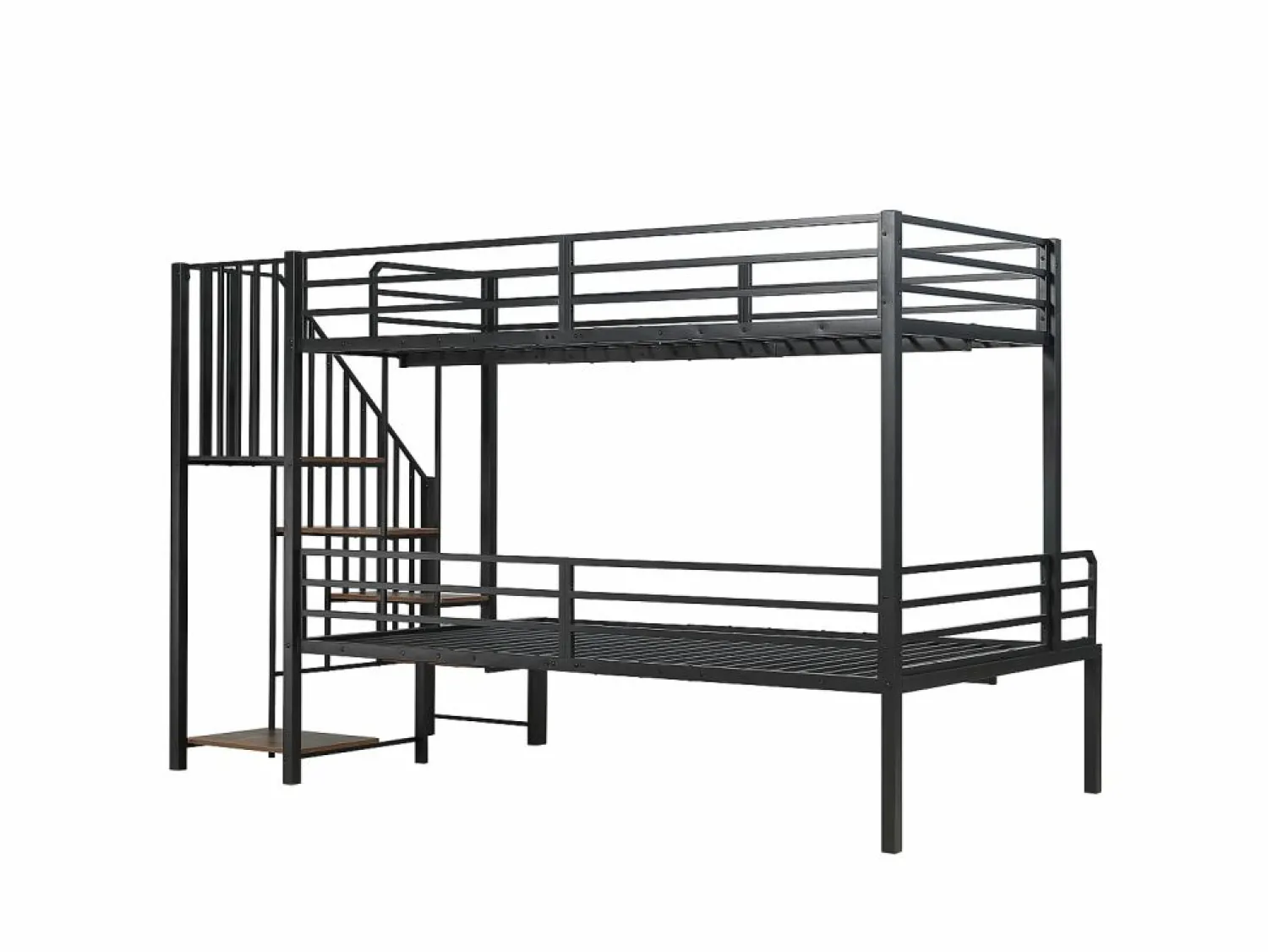 Cama Litera * Cama de hierro, litera esquinera para niños y adolescentes, con escalera y almacenaje. Material: hierro + MDF.Tamaños: 90x200cm y 120x200cm. Negro