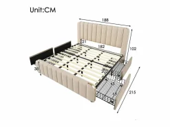 Cama doble tapizada 180x200cm en lino , con 4 cajones + USB y Tipo C, carga máx. 226 kg (sin colchón) < DripeX Hot