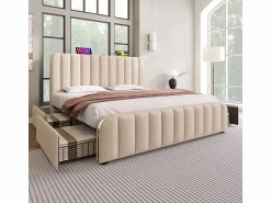 Cama doble tapizada 180x200cm en lino , con 4 cajones + USB y Tipo C, carga máx. 226 kg (sin colchón) < DripeX Hot