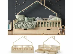 Vicco Cama Montessori|Cama Infantil | Cama en forma de casa madera natural 208x93x155 noemi