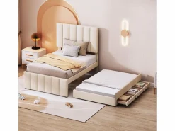 Cama infantil acolchada 90x200 cm con cama nido 90x190 cm con cajones de almacenamiento, en lino, sin colchón, < Hauss Spole Sale