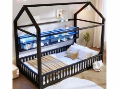 Cama infantil cabina 90x200 cm con estantes de almacenaje e iluminación LED - Sin somier - < Hauss Spole