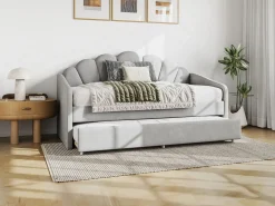 Vente-unique Cama Terciopelo|Cama Diván * Cama nido con forma de concha 2 x 90 x 190 cm terciopelo + colchón - ELUSIA Gris claro
